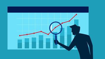 man looking at chart with magnifying glass and graph vector