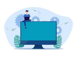 man sitting on top of a computer monitor with gears and plants vector