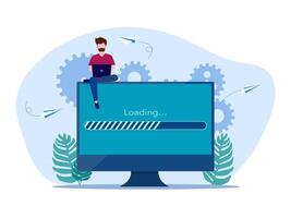 man sitting on computer loading page vector