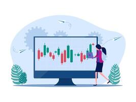 a woman is looking at a chart on a monitor vector
