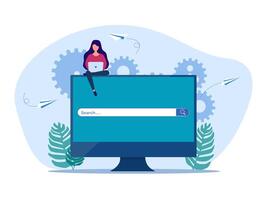 a woman is sitting on a computer screen with the search box on it vector