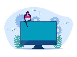 a woman sitting on top of a computer monitor with gears and plants vector