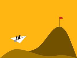 Team Businessman using binoculars to drive a paper rocket to the flag of victory vector