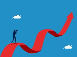 Vision on volatility. Businessman looking at the telescope on the growth and uncertainty chart vector