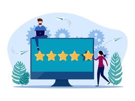people are standing around a computer with five stars on it vector