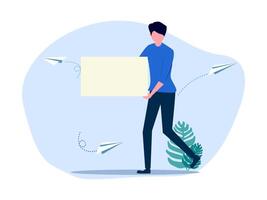 man holding a blank paper board with paper airplanes flying around him vector