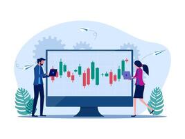 two people are looking at a chart on a computer screen vector
