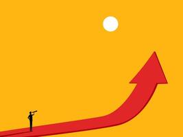 Vision progress. Businessman looks into the telescope on the growth arrow vector