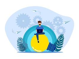 a man sitting on a light bulb with gears and a laptop vector