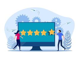 a man and woman are looking at a computer screen with five stars vector