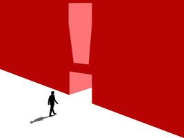 Problem solving, solution or strategy. Businessman with exclamation mark on wall vector