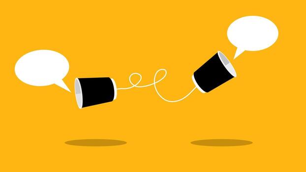 Communication system concept. Two black paper cups connected by a white string vector