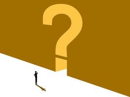 Opportunity,Problem solving. Businessman in front of question mark door vector
