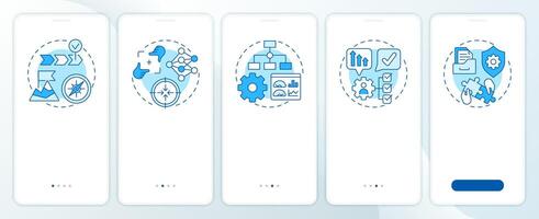 Components of sop blue onboarding mobile app screen. Walkthrough 5 steps editable graphic instructions with linear concepts. UI, UX, GUI template vector