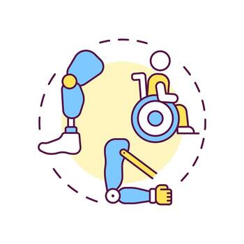 Physical disabilities multi color concept icon. Amputee rehabilitation, impairment. Round shape line illustration. Abstract idea. Graphic design. Easy to use in infographic, presentation vector