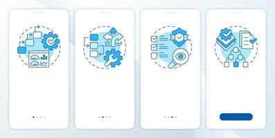 Types of sop blue onboarding mobile app screen. Walkthrough 4 steps editable graphic instructions with linear concepts. UI, UX, GUI template vector