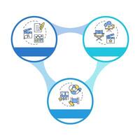 Movie production management infographic circles flowchart. Film directing, editing. Visualization diagram with 3 steps. Circular info graphic editable vector