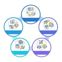 Film story parts infographic circles flowchart. Story characters, narrative. Filmmaking, production. Visualization diagram with 5 steps. Circular info graphic editable vector