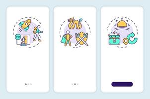Hero journey narrative onboarding mobile app screen. Walkthrough 3 steps editable graphic instructions with linear concepts. UI, UX, GUI template vector