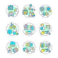 Industry 5 related multi color concept icons. Industrial revolution. Smart technologies. Resilienca and sustainability. Icon pack. Round shape illustrations. Abstract idea vector