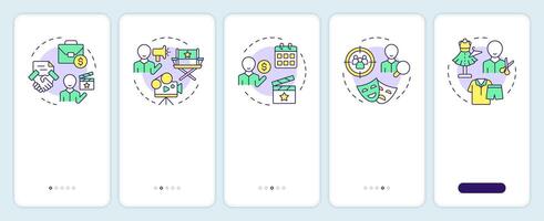 Film crew positions onboarding mobile app screen. Walkthrough 5 steps editable graphic instructions with linear concepts. UI, UX, GUI template vector