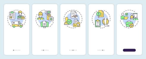 Workers compensation claim onboarding mobile app screen. Walkthrough 5 steps editable graphic instructions with linear concepts. UI, UX, GUI template vector