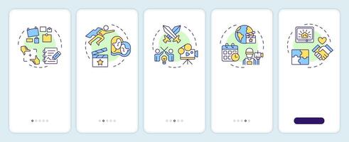 Story narrative elements onboarding mobile app screen. Walkthrough 5 steps editable graphic instructions with linear concepts. UI, UX, GUI template vector