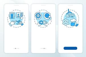 Pillars of industry 5.0 blue onboarding mobile app screen. Walkthrough 3 steps editable graphic instructions with linear concepts. UI, UX, GUI template vector