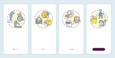 Types of disabilities onboarding mobile app screen. Walkthrough 4 steps editable graphic instructions with linear concepts. UI, UX, GUI template vector