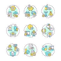 Workers compensation multi color concept icons. Workplace safety, medical service. Injury treatment. Icon pack. Round shape illustrations for infographic, presentation. Abstract idea vector