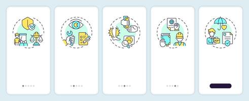 Workplace safety onboarding mobile app screen. Walkthrough 5 steps editable graphic instructions with linear concepts. UI, UX, GUI template vector