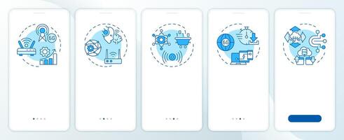 6G blue onboarding mobile app screen. Wireless connection walkthrough 5 steps editable graphic instructions with linear concepts. UI, UX, GUI template vector
