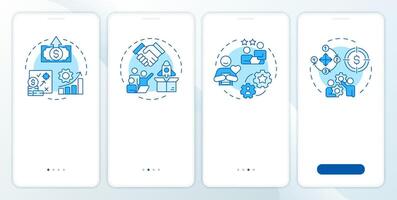 ABM benefits blue onboarding mobile app screen. Walkthrough 4 steps editable graphic instructions with linear concepts. UI, UX, GUI template vector