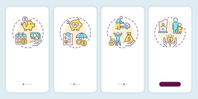 Workers compensation benefits onboarding mobile app screen. Walkthrough 4 steps editable graphic instructions with linear concepts. UI, UX, GUI template vector
