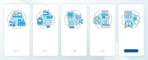 Industrial revolution blue onboarding mobile app screen. Walkthrough 5 steps editable graphic instructions with linear concepts. UI, UX, GUI template vector