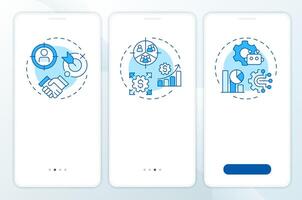 ABM approaches blue onboarding mobile app screen. Walkthrough 3 steps editable graphic instructions with linear concepts. UI, UX, GUI template vector