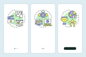 Film promotion onboarding mobile app screen. Advertising strategy. Walkthrough 3 steps editable graphic instructions with linear concepts. UI, UX, GUI template vector