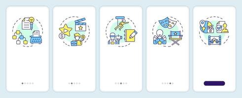 Movie pre-production onboarding mobile app screen. Walkthrough 5 steps editable graphic instructions with linear concepts. UI, UX, GUI template vector