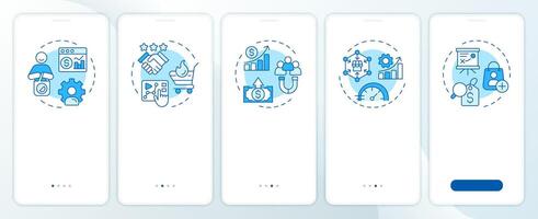 ABM efficiency blue onboarding mobile app screen. Walkthrough 5 steps editable graphic instructions with linear concepts. UI, UX, GUI template vector