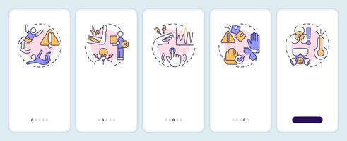 Workplace injury causes onboarding mobile app screen. Walkthrough 5 steps editable graphic instructions with linear concepts. UI, UX, GUI template vector