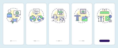 Post-production phase onboarding mobile app screen. Walkthrough 5 steps editable graphic instructions with linear concepts. UI, UX, GUI template vector