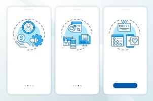 Digital media trifecta blue onboarding mobile app screen. Walkthrough 3 steps editable graphic instructions with linear concepts. UI, UX, GUI template vector