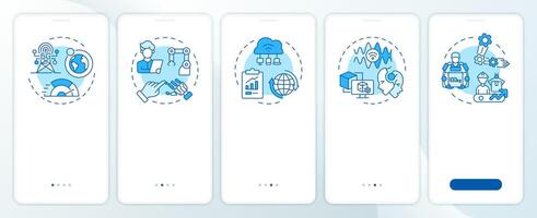 Technologies of industry 5.0 blue onboarding mobile app screen. Walkthrough 5 steps editable graphic instructions with linear concepts. UI, UX, GUI template vector