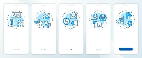 ABM success stages blue onboarding mobile app screen. Walkthrough 5 steps editable graphic instructions with linear concepts. UI, UX, GUI template vector