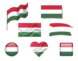 Hungary flag set of icons. flag of Hungary, symbol. Set of hungarian flags brush, button, waved, heart. vector