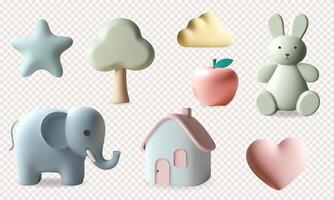 3d kids toys and nursery elements. 3d render set with cute elephant, bunny, star, cloud in pastel colors vector