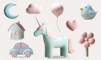 3d rendering set with cute unicorn, bird, heart, moon in pastel colors. 3d kids toys and nursery elements. vector