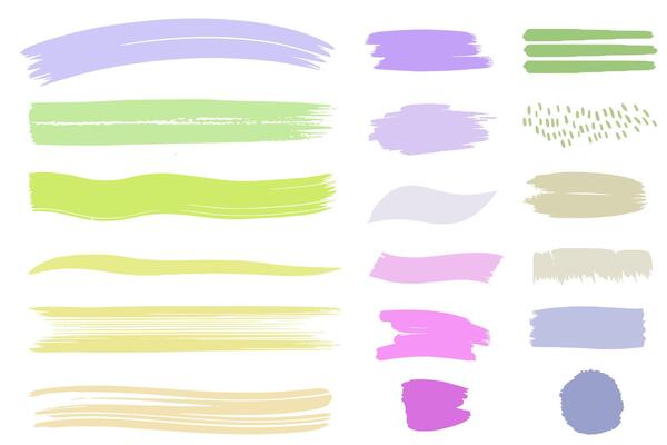 Set of hand drawn backgrounds and brush strokes in purple green colors. Colorful brushstroke.