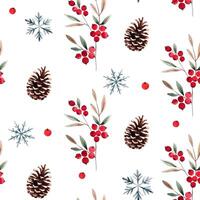 Seamless pattern with watercolor pine cone snowflakes and winter berries. Hand drawn botanical ornament. vector