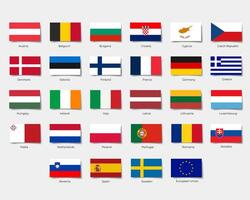 European union flags with shadows. Rectangle EU flags, buttons. vector